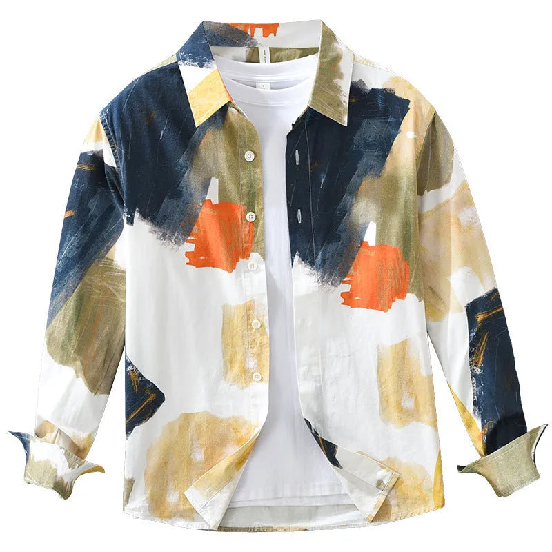 Loose fit cotton cardigan top with long sleeves in a printed colour design, shown on a hanger.