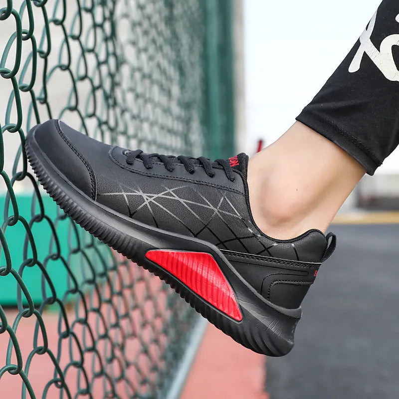Men's casual running shoes with microfiber upper, mesh lining, PU sole, in black red, black gold, or black and white, sizes 39-44