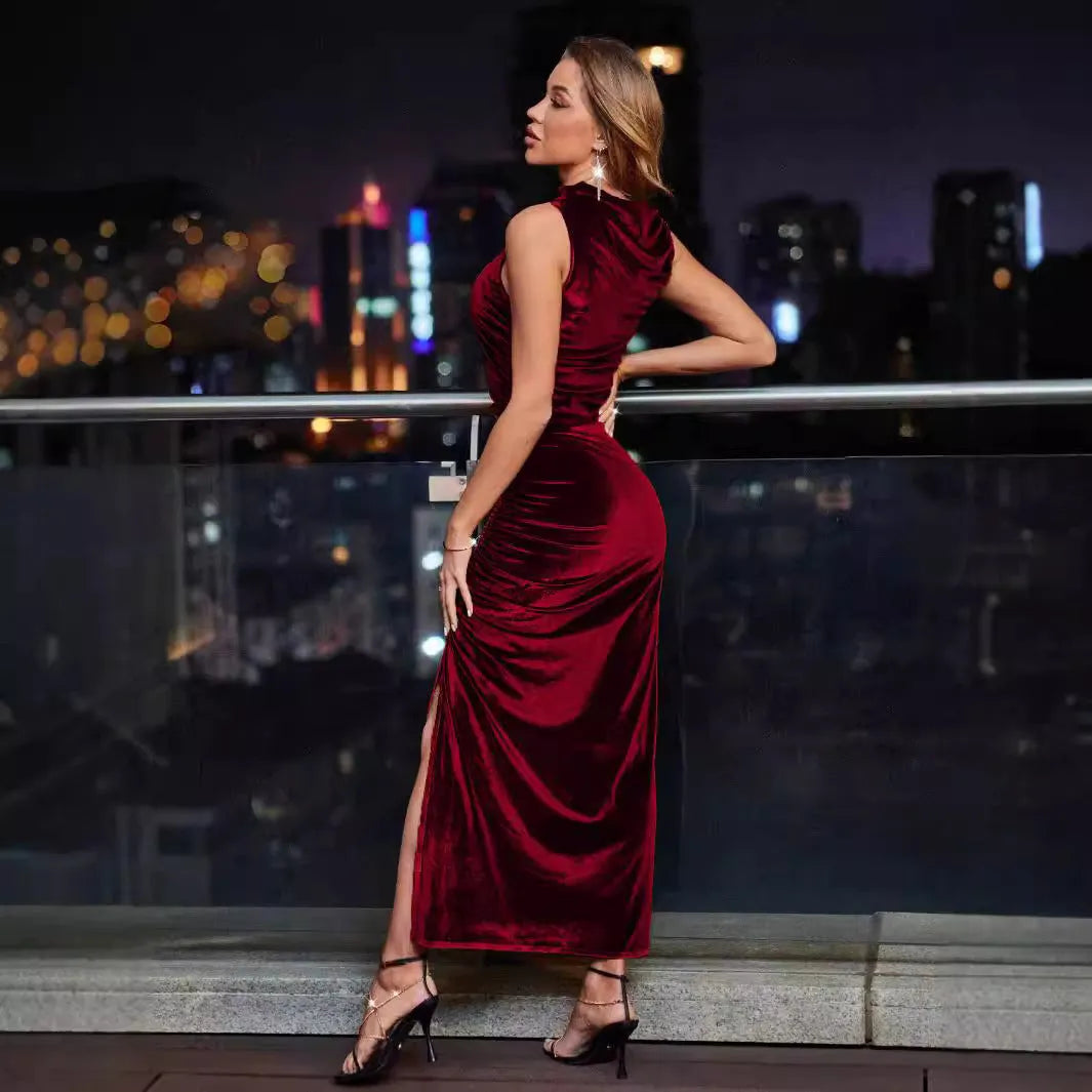 Sleeveless velvet sheath dress with high waist, long hip skirt and side slit in army green, black or dark red
