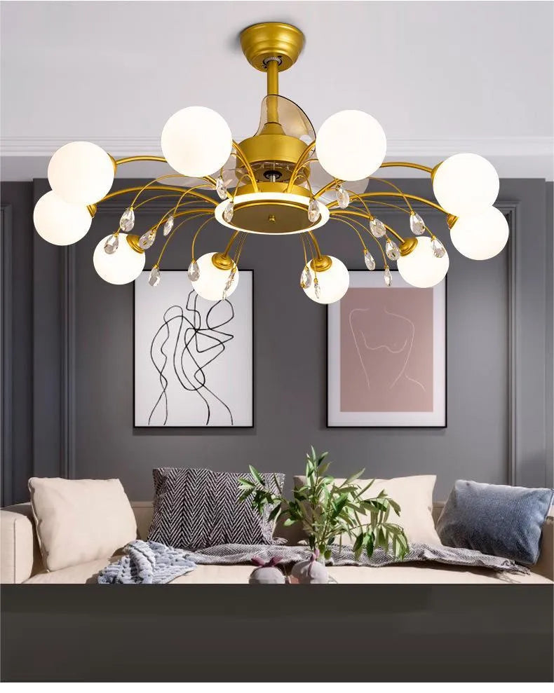 Gold ceiling fan lamp with multiple light heads and metal blades