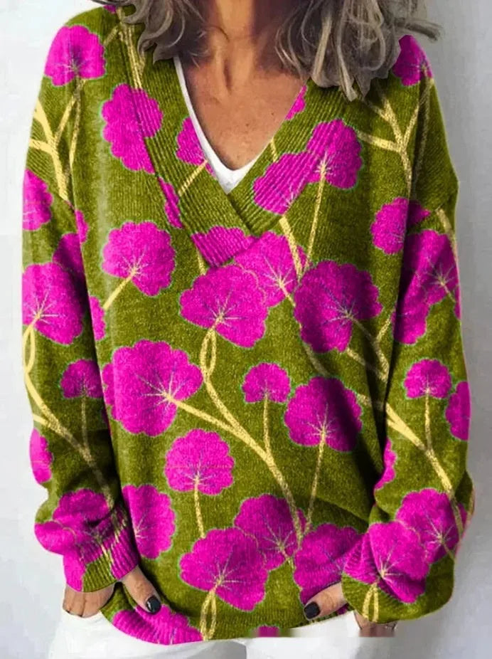Women's V-neck floral print sweatshirt with 3D effect and long sleeves in an art retro style.