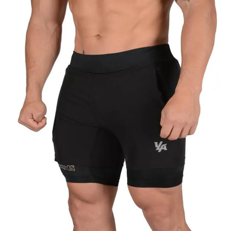 Men's quick-dry running shorts in black with double-layer phone pocket for gym and jogging