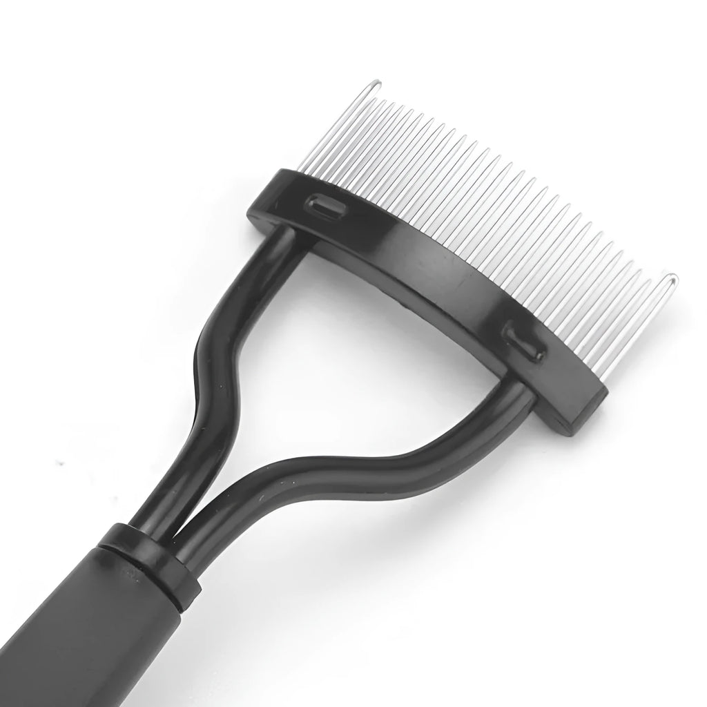 Portable semi-arc stainless steel needle eyelash brush with short handle in black for lash grooming