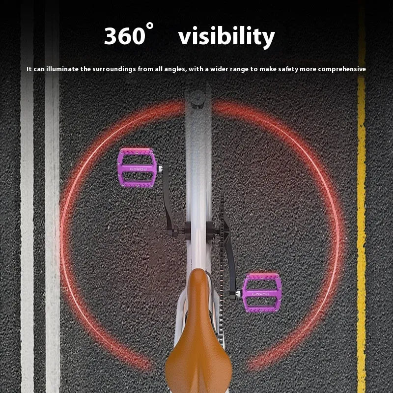 Aluminium bicycle pedals with integrated LED lighting in five colour options