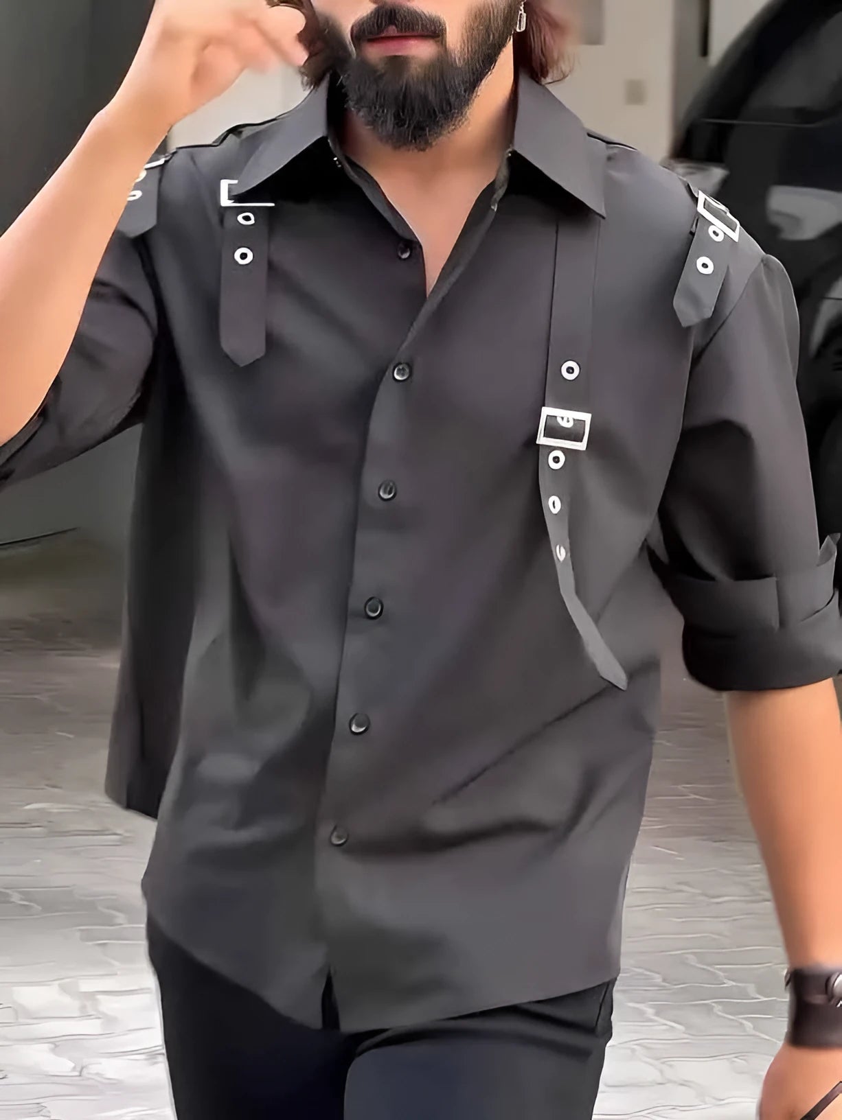 Men's black polyester button-up utility shirt laid flat, showing button front and regular-length cut.