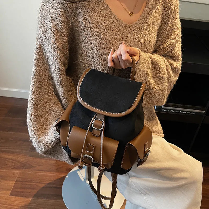 Retro textured PU women's backpack in beige with stitched detailing and outer sandwich pocket