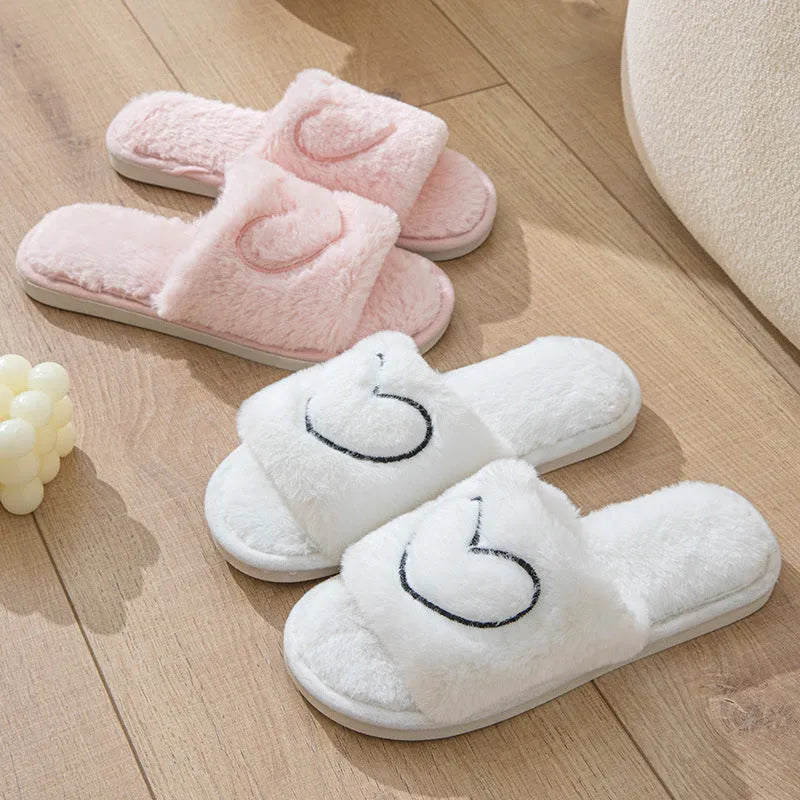 Plush open toe couple slippers in black with TPR sole and thickening upper