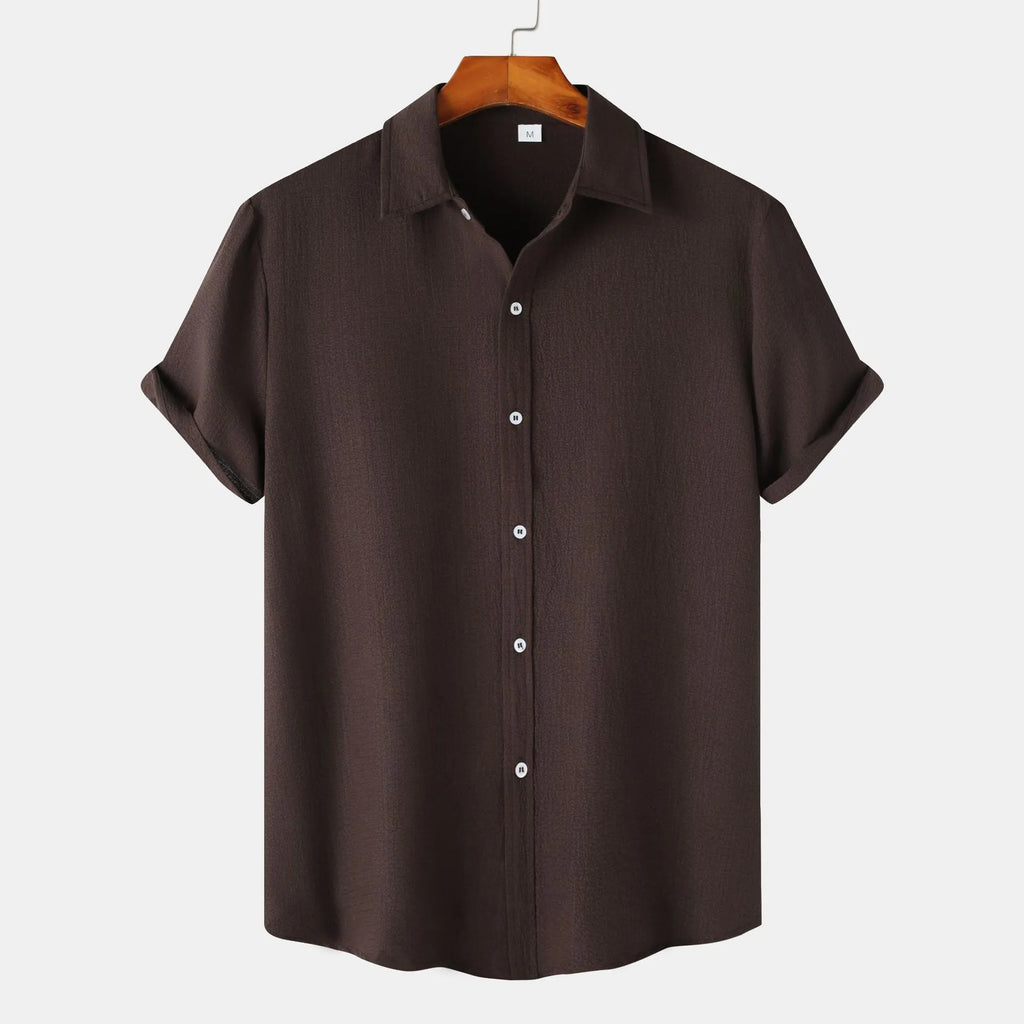 Men's casual short-sleeved polyester shirt in cardigan style on a hanger