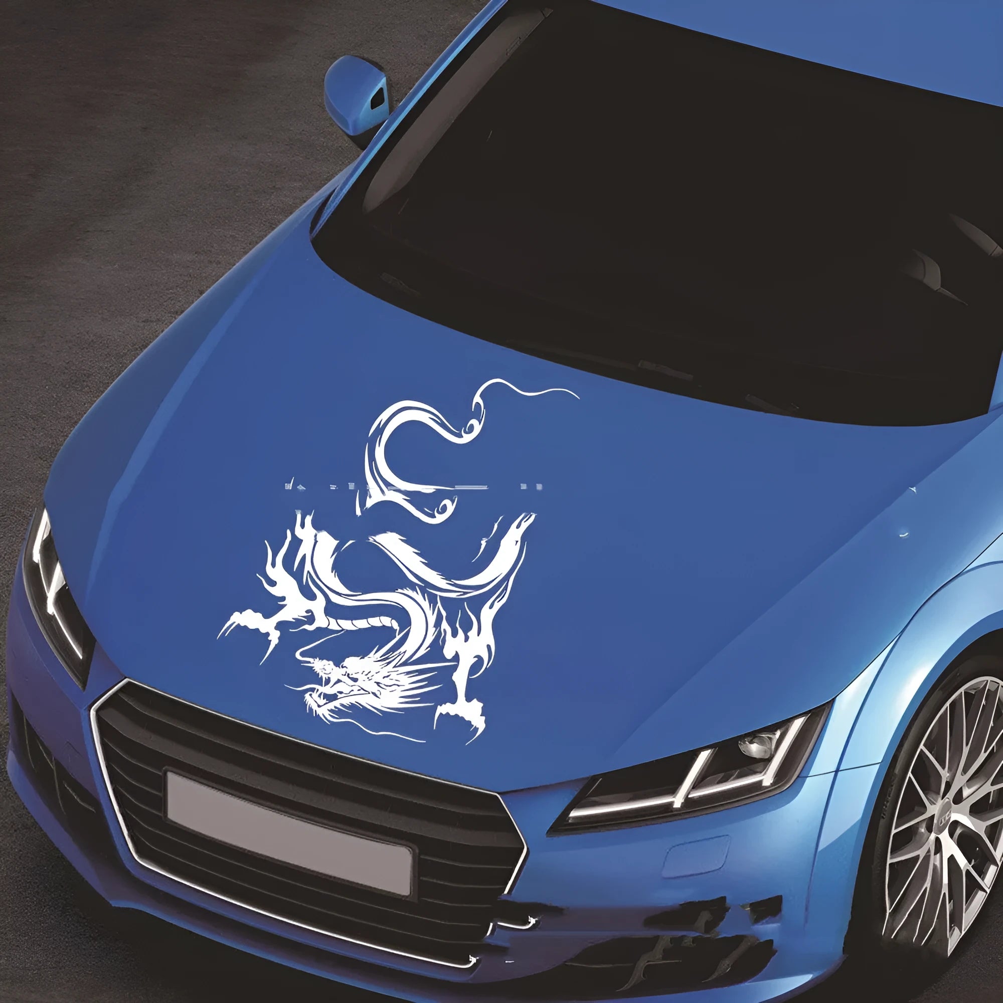 Large black dragon design car body sticker for front end application, showing 50x36cm size.