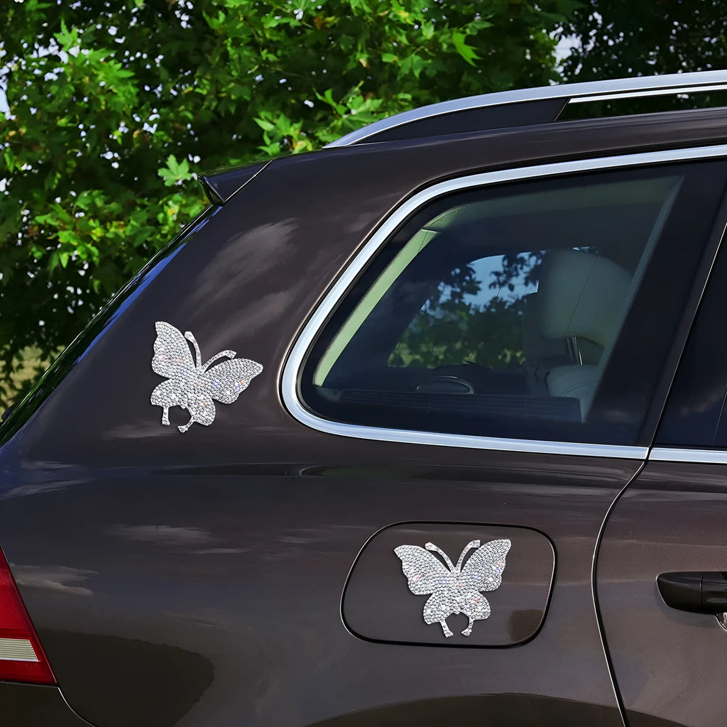 White diamond glass car sticker with bear claw and butterfly design, 7cm by 6cm.