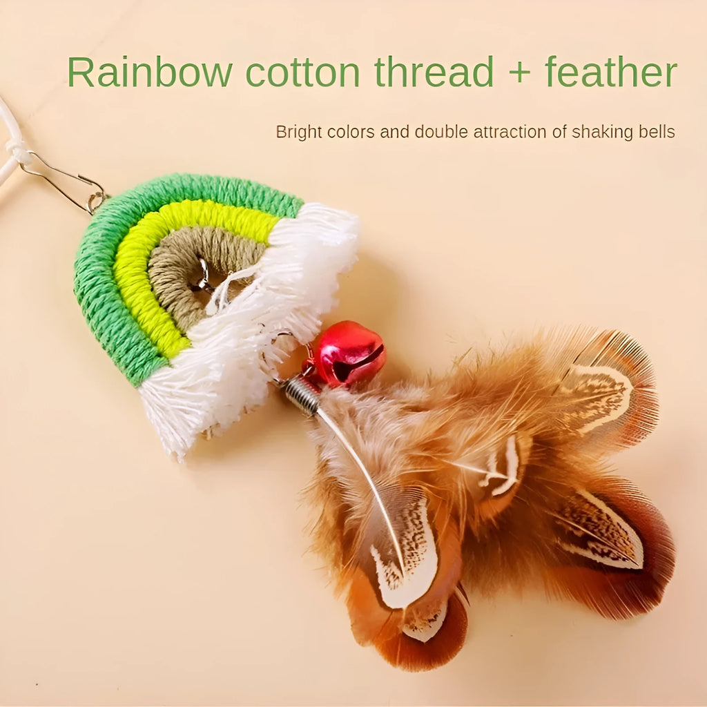 Cat door hanging toy with feather rope on elastic swing and sticky buckle clamp