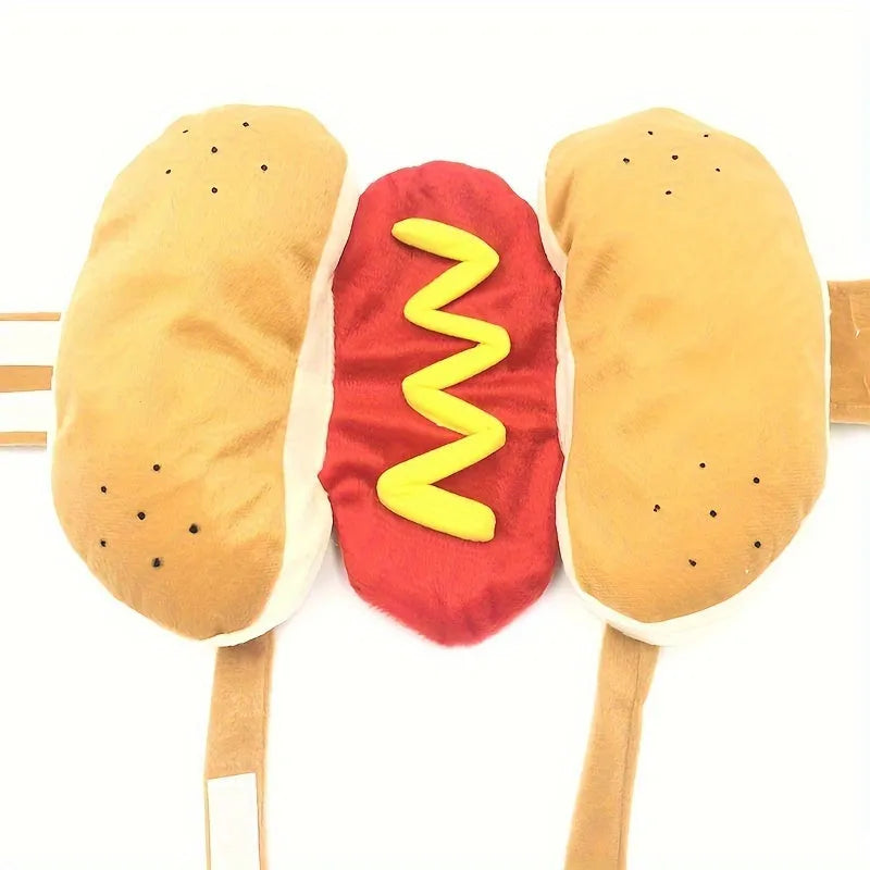 Red hot dog costume outfit on small dog with velcro belly fastening