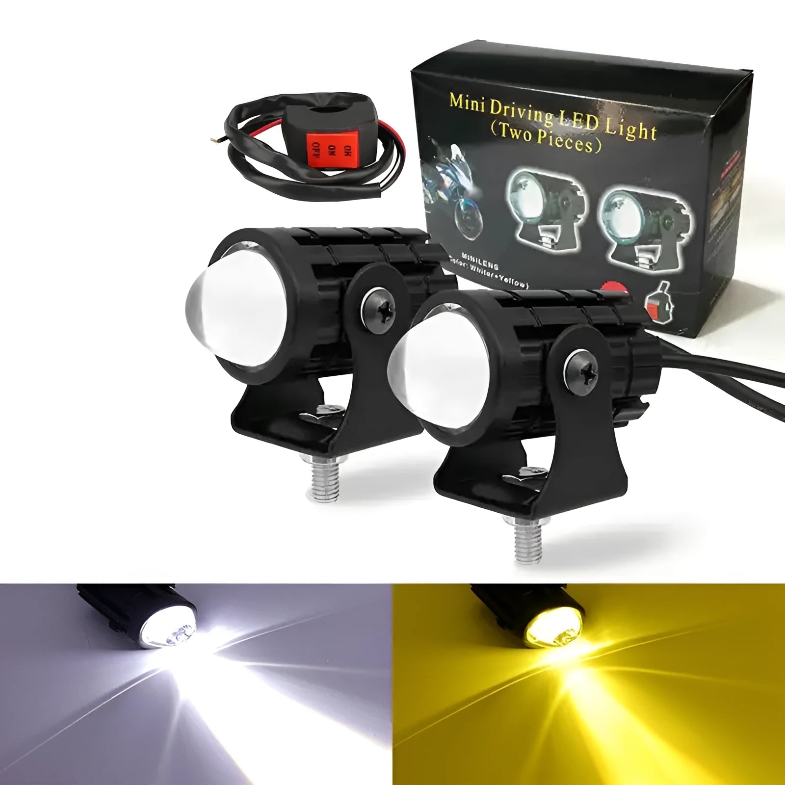 Motorcycle auxiliary spotlight with two-colour lens options, showing aluminium and polycarbonate housing.