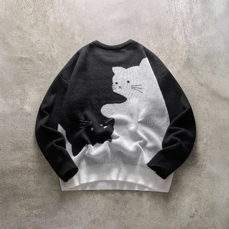 Men's cat pattern round neck knitted sweater in black, pullover style with jacquard design