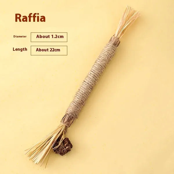 Wooden cat teeth grinding rod with catnip stem and raffia decoration, 2.2cm thick.