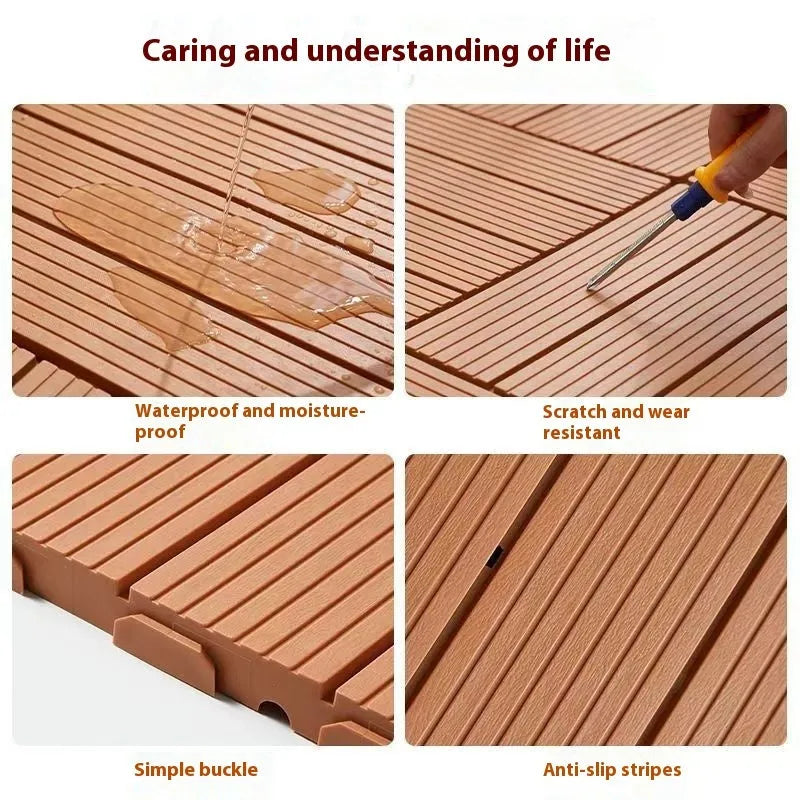 Plastic interlocking floor tiles in wood grain pattern, showing brown and grey colour options.