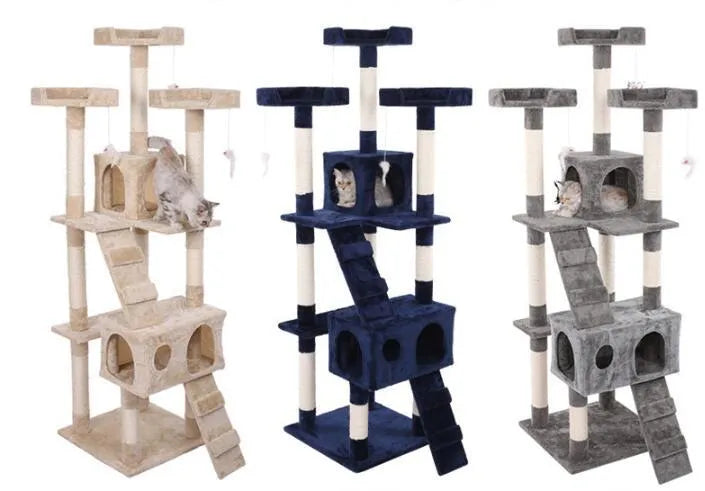 Large multi-layer cat climbing frame with plush fabric and jute rope scratching posts in beige colour
