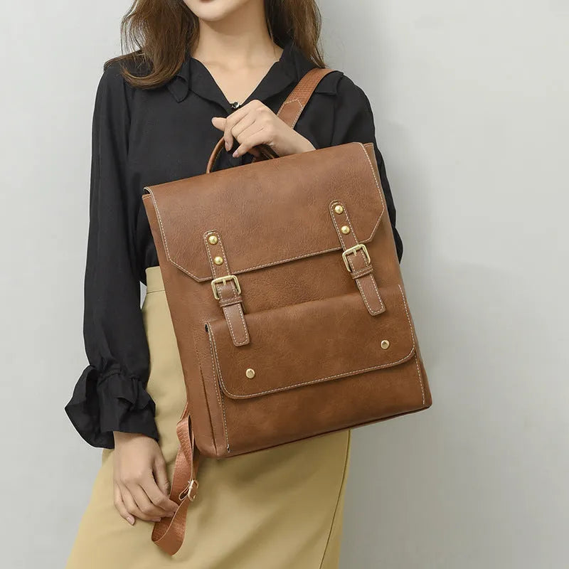 Korean retro style backpack in soft PU material with vintage design details