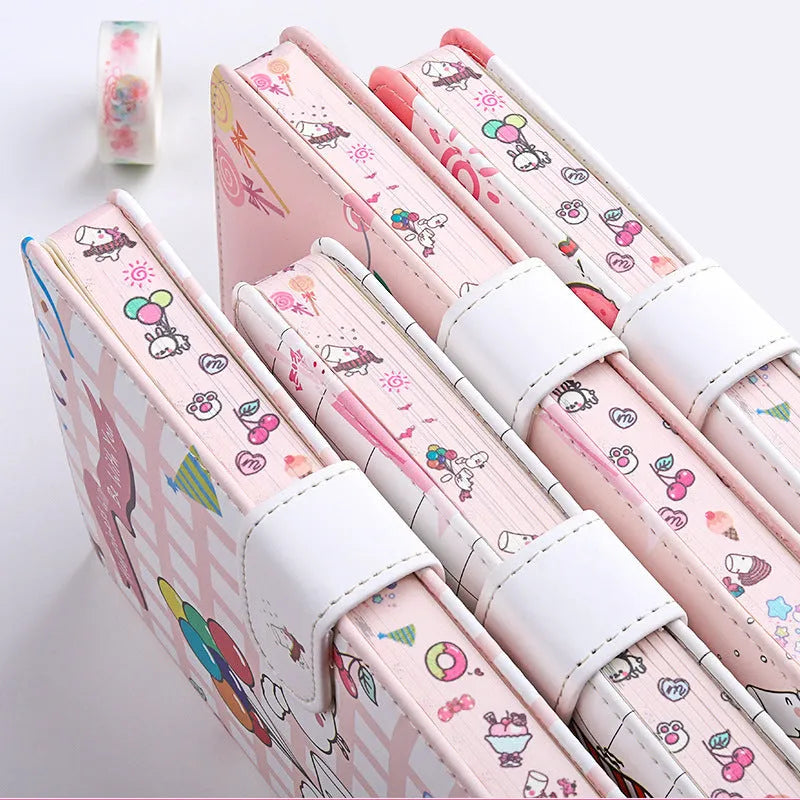 Small white Kaba Bear notebook with magnetic buckle and cute heart design on PU cover.