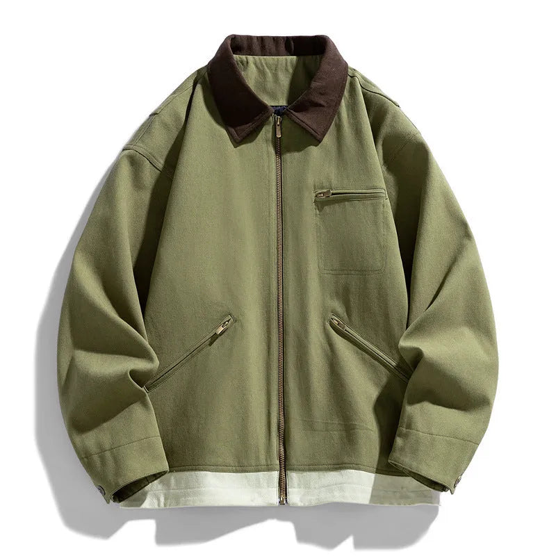 Mint green American retro-style loose men's jacket with dark contrast lapels and side seam pockets.