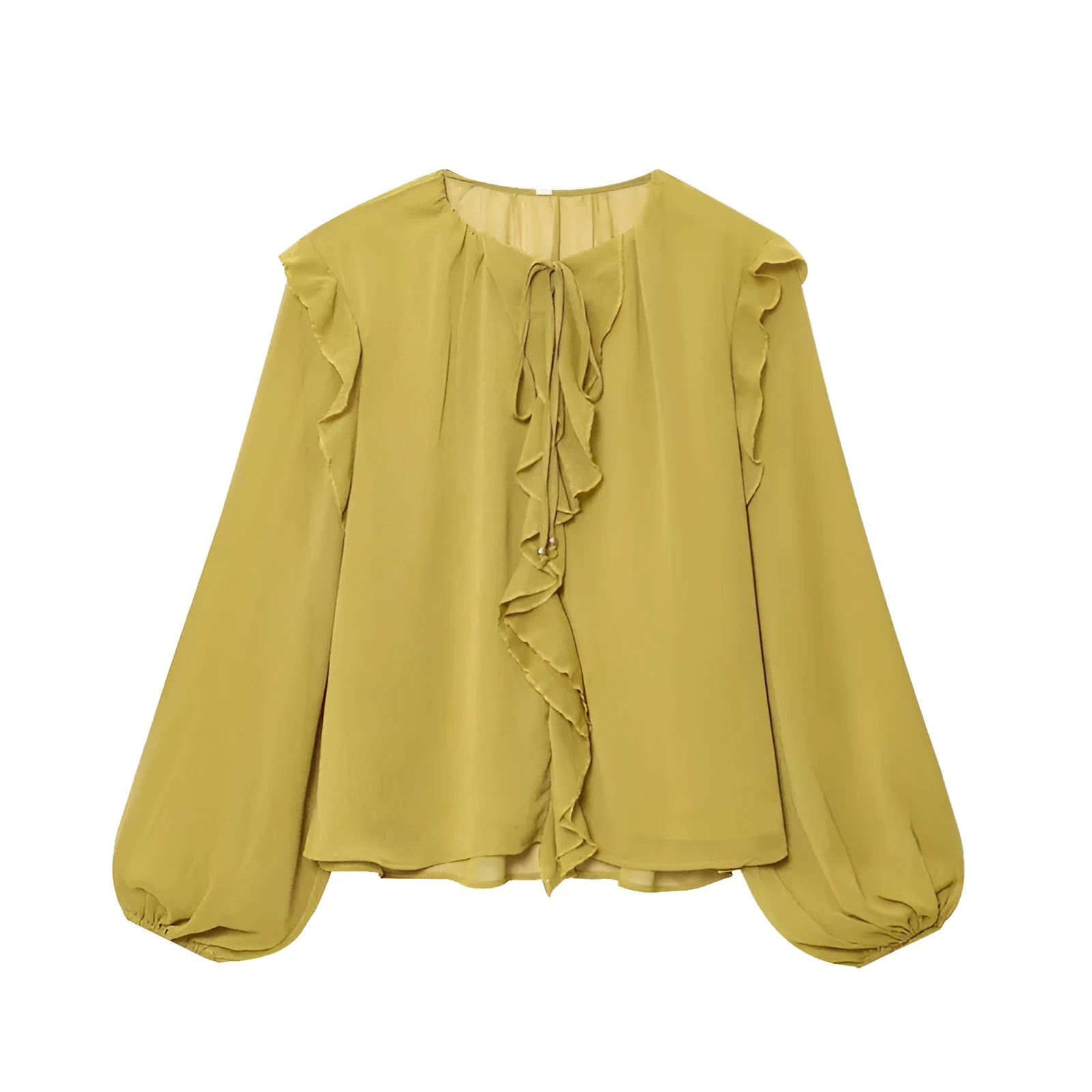 Women's ruffled laminated decorative shirt in yellow with plant and flower print, long sleeves, and button detail