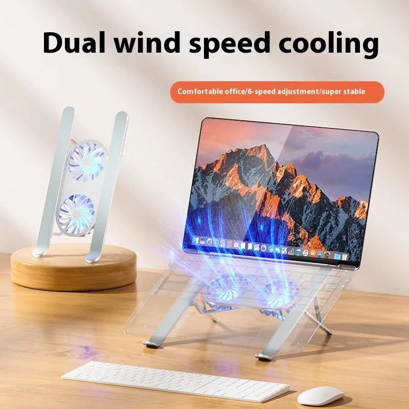 Silver aluminium laptop cooling stand with twin fans and adjustable height mechanism folded for storage