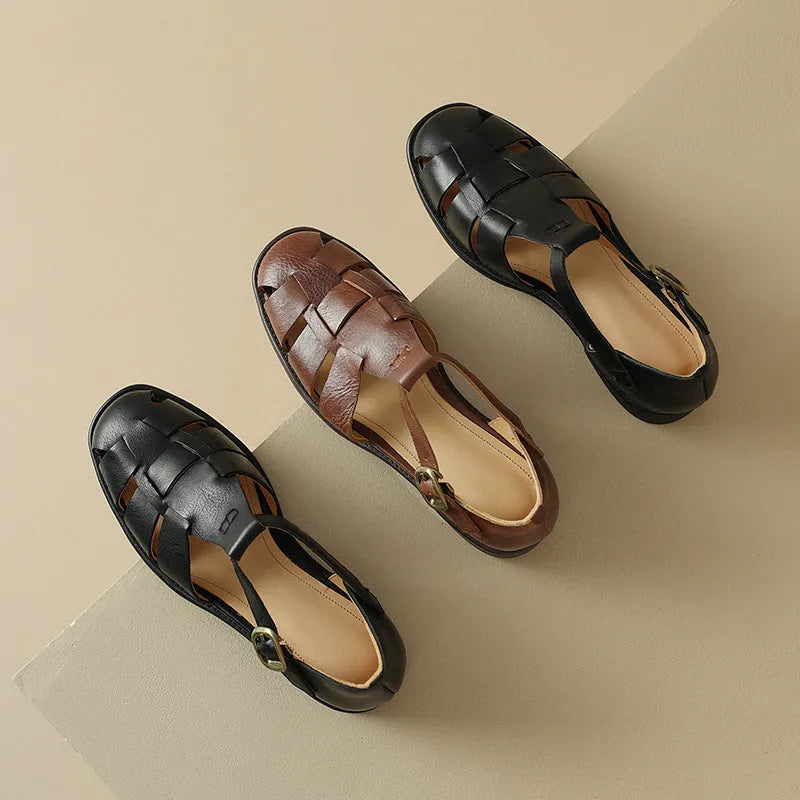 Women's round toe low heel leather retro Roman flat sandals in brown and black options
