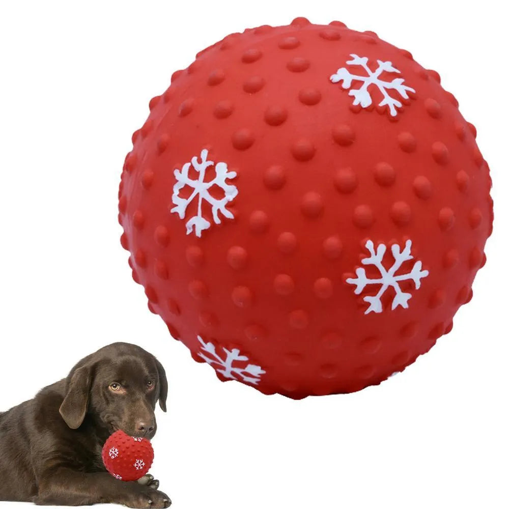 Red and green Christmas dog toy ball with snowflake pattern, approximately 7cm diameter