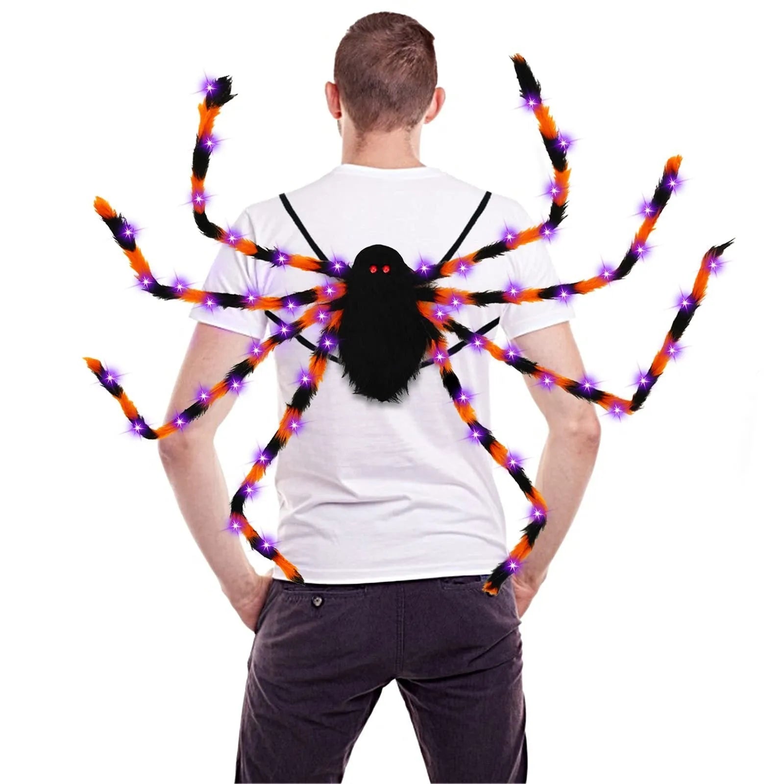 Orange Halloween spider backpack with purple LED lights on plush sugar bag material.