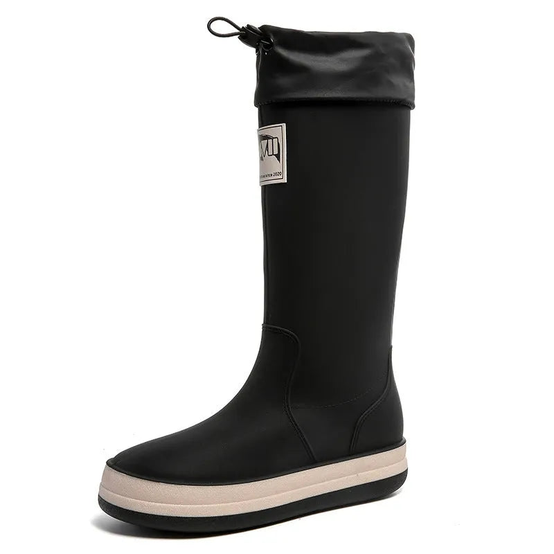 Couple platform high tube waterproof rain boots in solid colours with non-slip soles