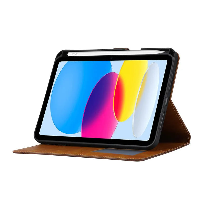 Apple iPad kneading leather flip protective cover in black showing shockproof and heat dissipation features