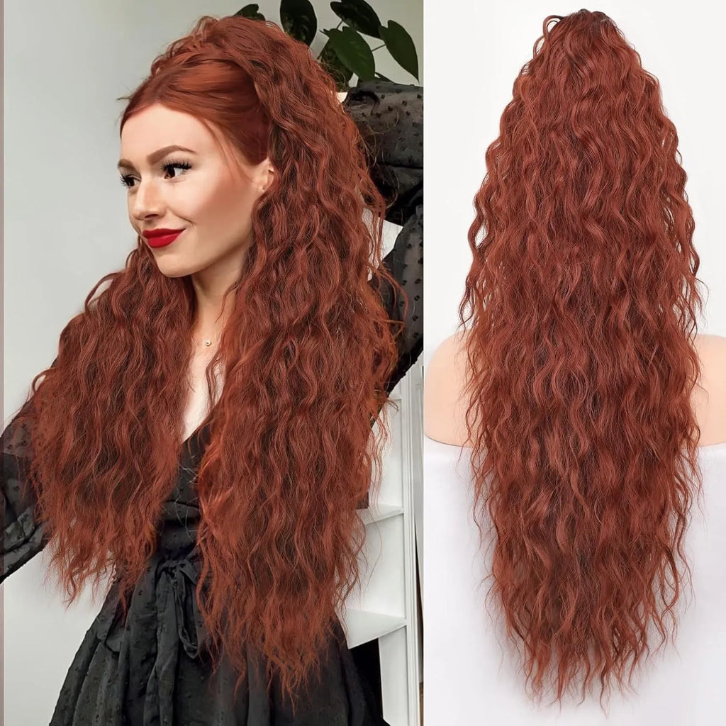 Long, fluffy curly synthetic ponytail wig in a high temperature fibre, shown in a 30-inch length.