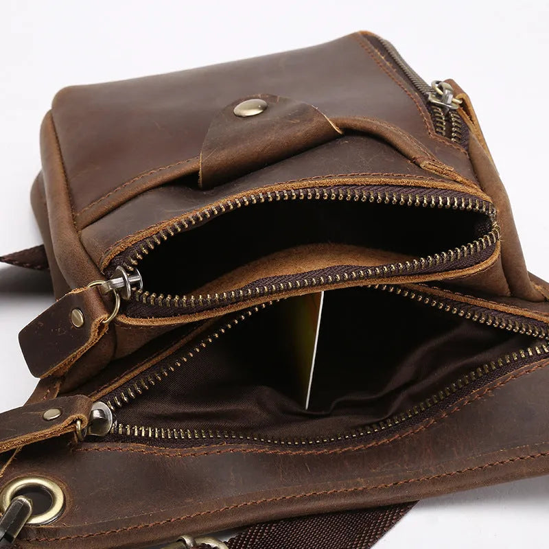 Men's brown crazy horse leather retro satchel bag with a top handle and main compartment.