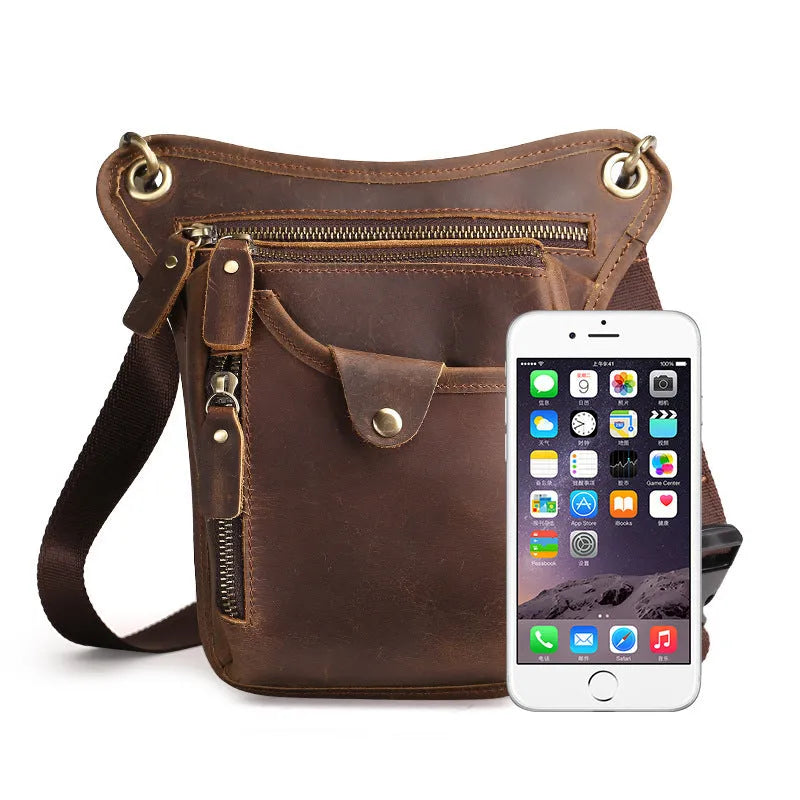 Men's brown crazy horse leather retro satchel bag with a top handle and main compartment.