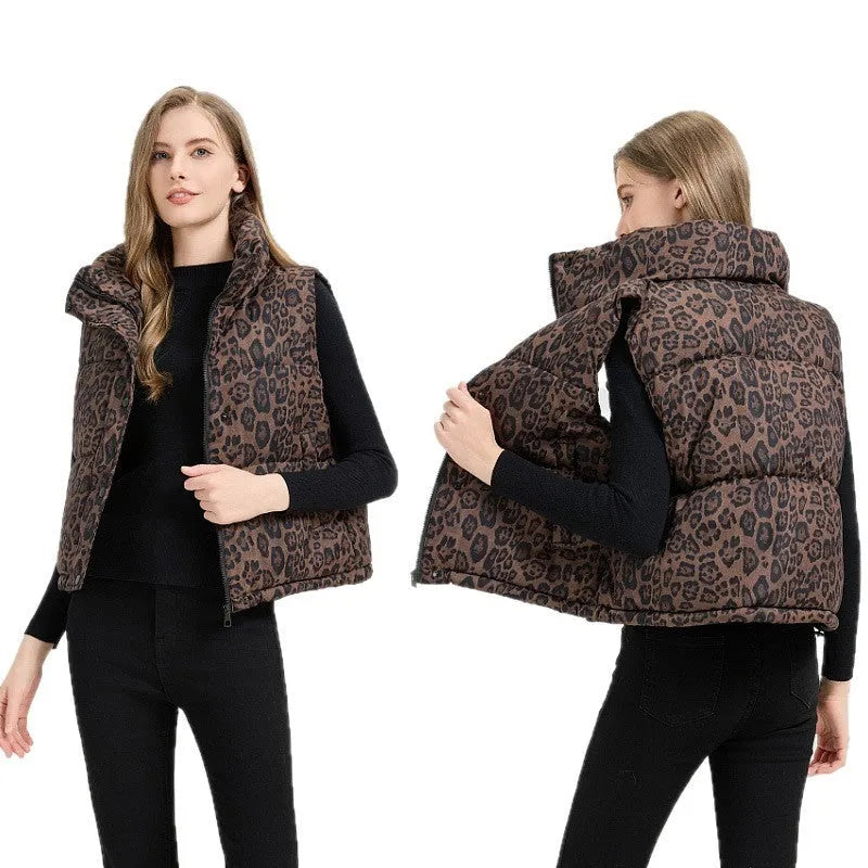 Leopard print stand collar loose fit thick polyester vest for women with pockets in khaki colour