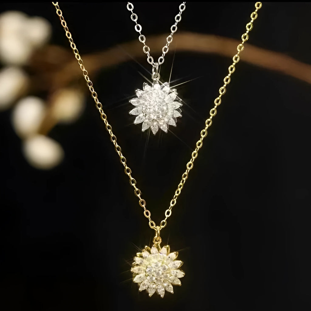 Rotatable sunflower pendant necklace with zircon stones on gold-plated copper chain in golden finish