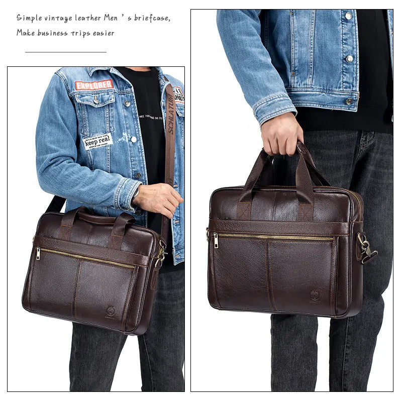 Men's first layer cowhide portable briefcase in brown or black, waterproof genuine leather business travel bag