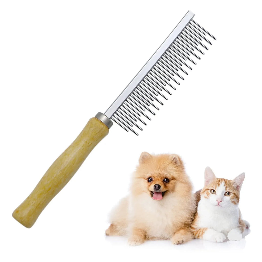 Wooden handle pet grooming comb for dogs and cats on a white background.