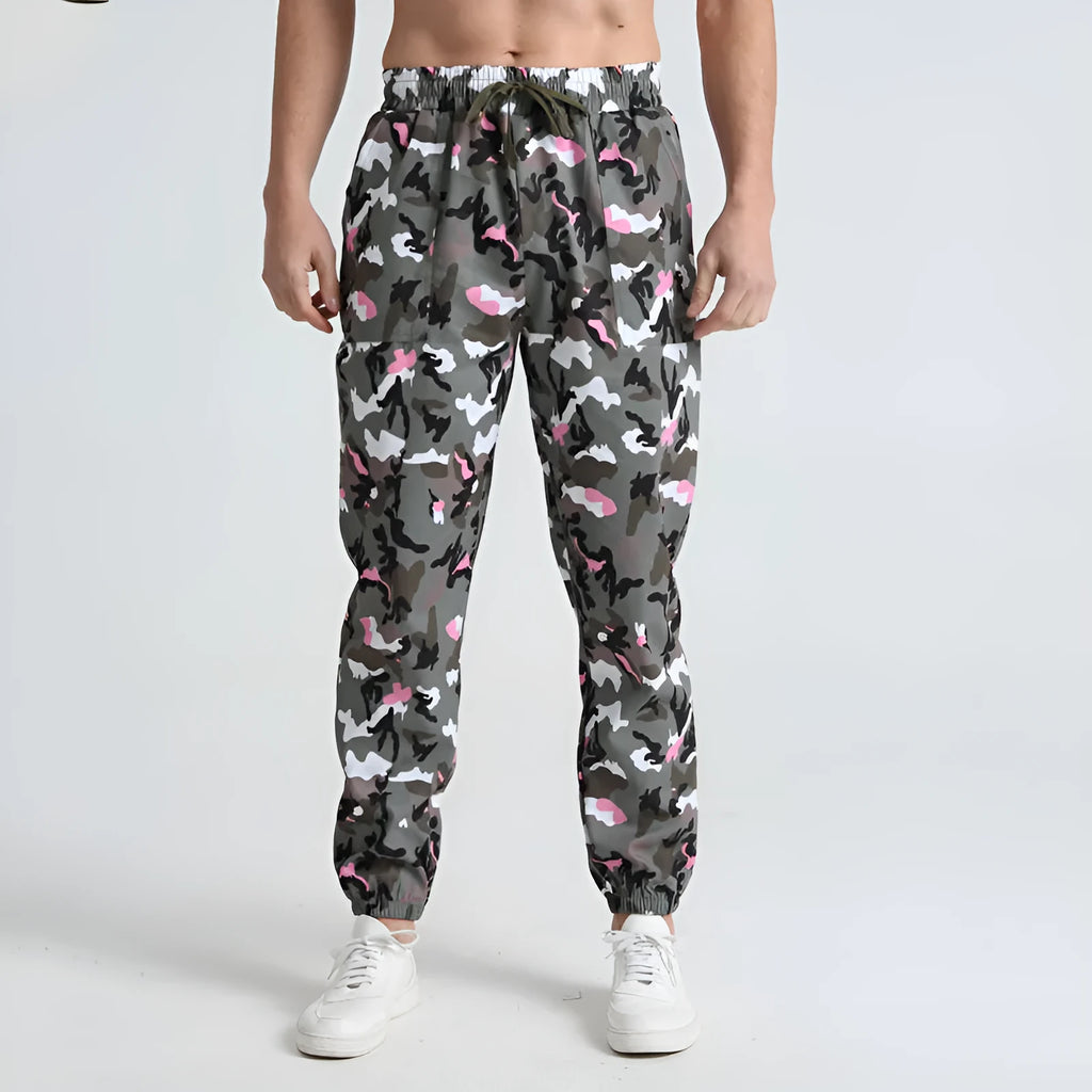 Men's sports casual camouflage trousers in army green camouflage, full-length polyester fibre design