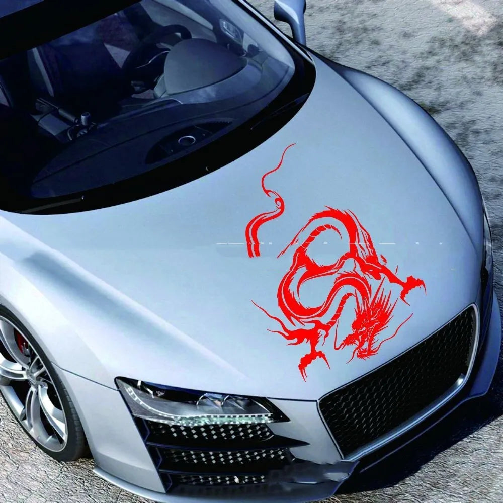 Large black dragon design car body sticker for front end application, showing 50x36cm size.