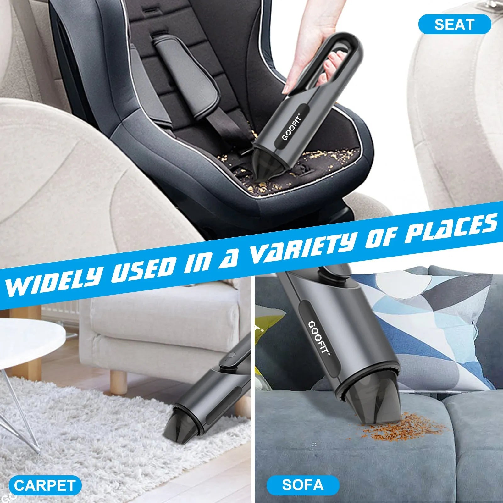 Black portable wireless car vacuum cleaner with brush and flat attachments on vehicle seat