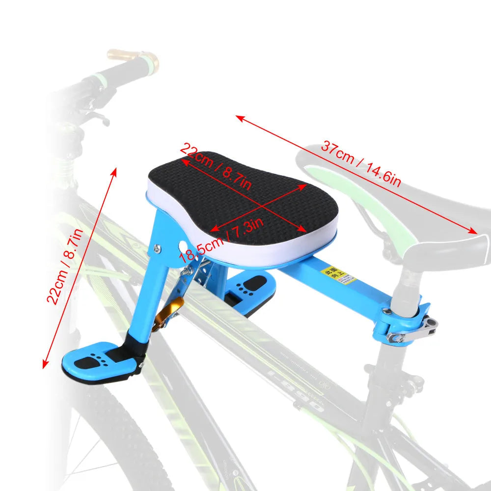 Front-mounted bicycle child seat with cotton tube cushion, foldable pedals, and 31.8mm quick-release clamp