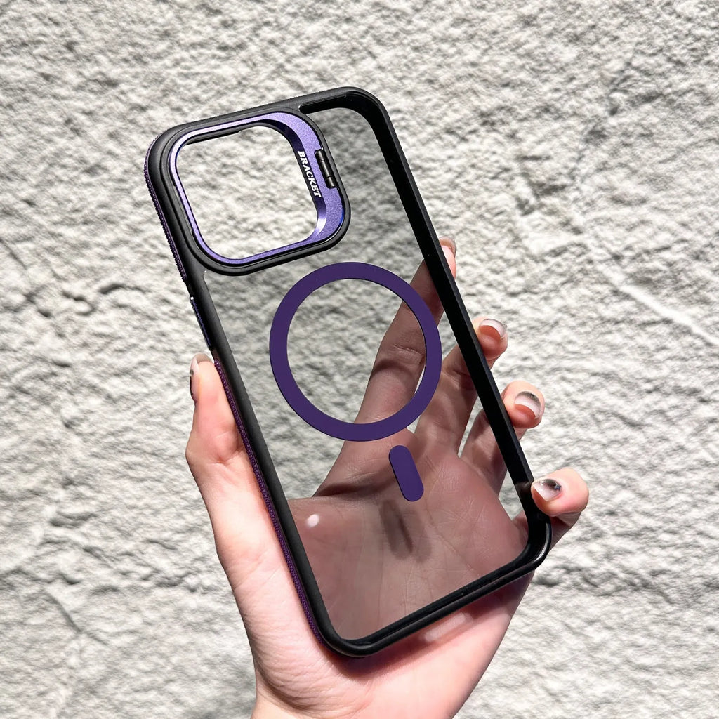 Invisible lens bracket magnetic phone case for iPhone in RW Black colour, showing TPU PC two-in-one design with integrated bracket
