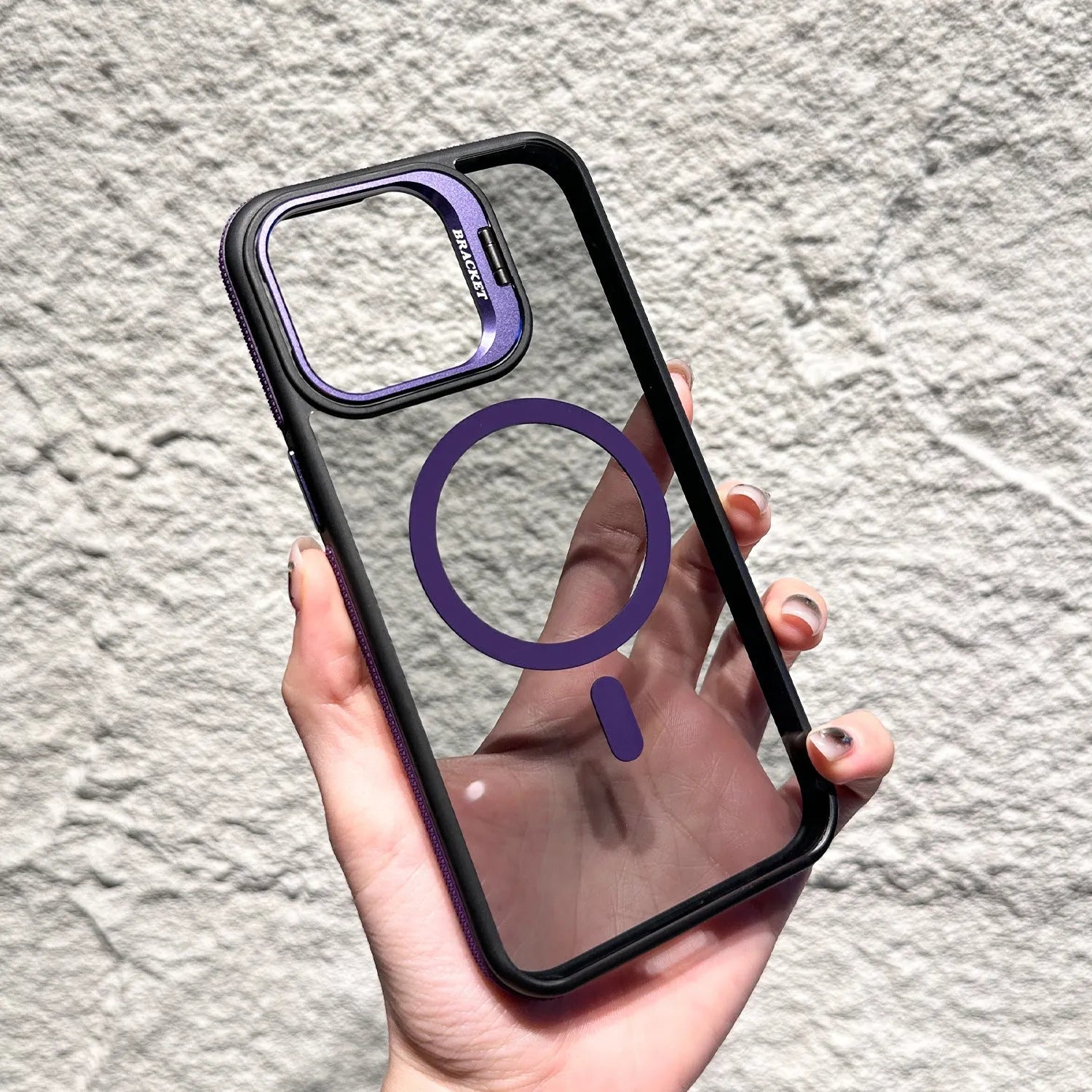 Invisible lens bracket magnetic phone case for iPhone in RW Black colour, showing TPU PC two-in-one design with integrated bracket