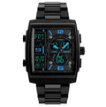 Men's electronic watch with black face plastic case and rubber strap showing luminous display and date window