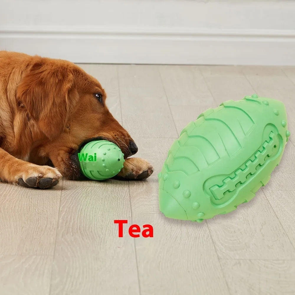 Light green rubber rugby ball dog toy with interactive vocal features for teeth cleaning play