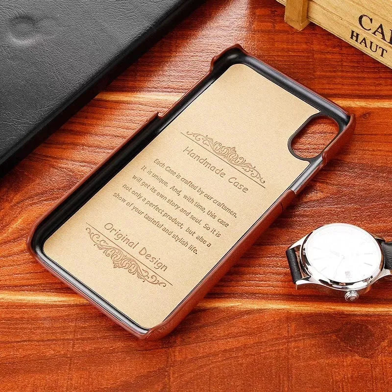 PU leather iPhone back cover with card holster in Black, Dark wood and Light brown