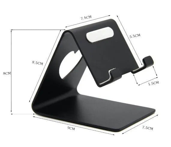 Aluminium alloy stand holding a tablet PC upright on a desk, black finish