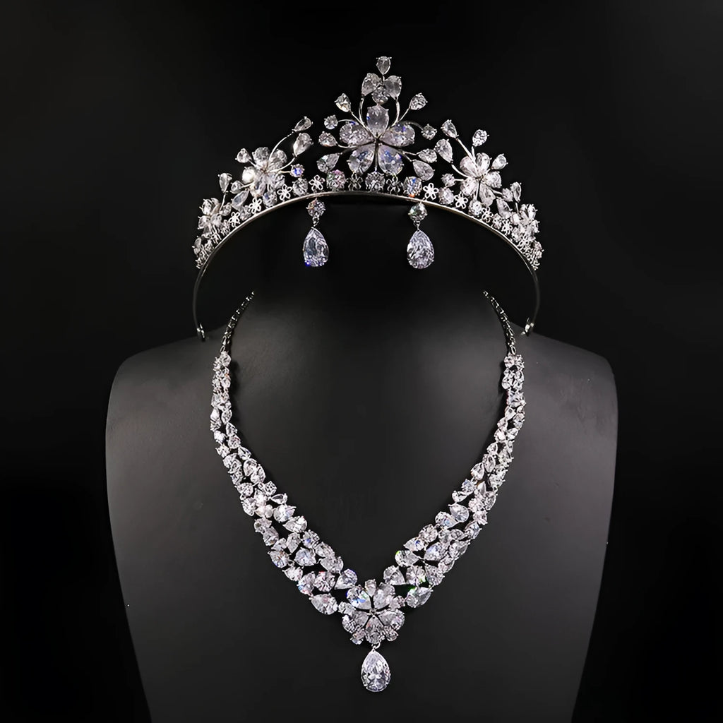 Three-piece Korean bridal jewellery set with headdress, crown necklace, and earrings on display