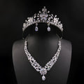 Three-piece Korean bridal jewellery set with headdress, crown necklace, and earrings on display